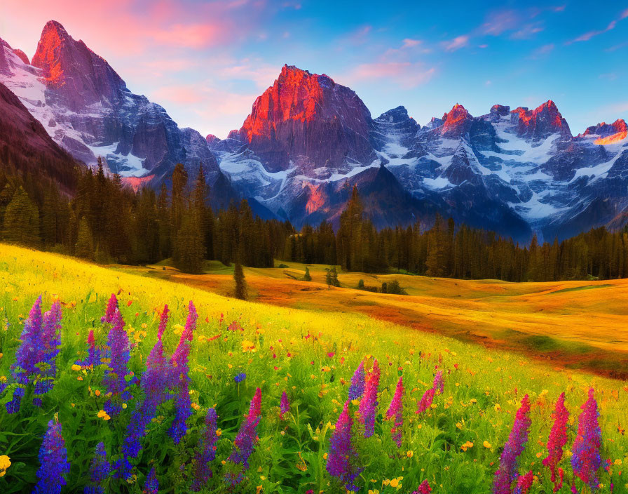 Alpine landscape at sunrise with purple wildflowers and snow-capped mountains