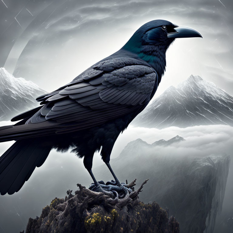 Majestic raven on gnarled branch in misty mountain scene