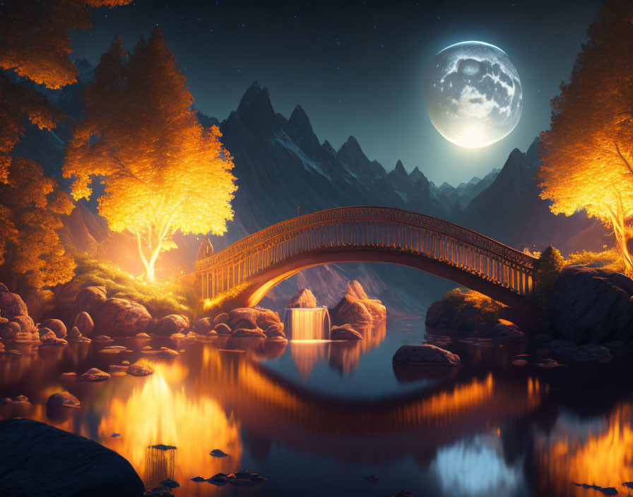 Full Moon Night Scene: Mountain Range, Arched Bridge, Autumn Trees