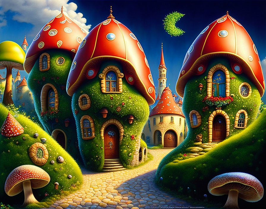 Whimsical mushroom-shaped houses in lush landscape