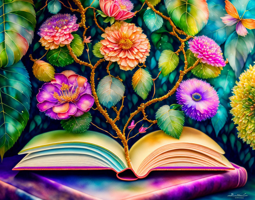 Illustrated open book with vibrant floral scene