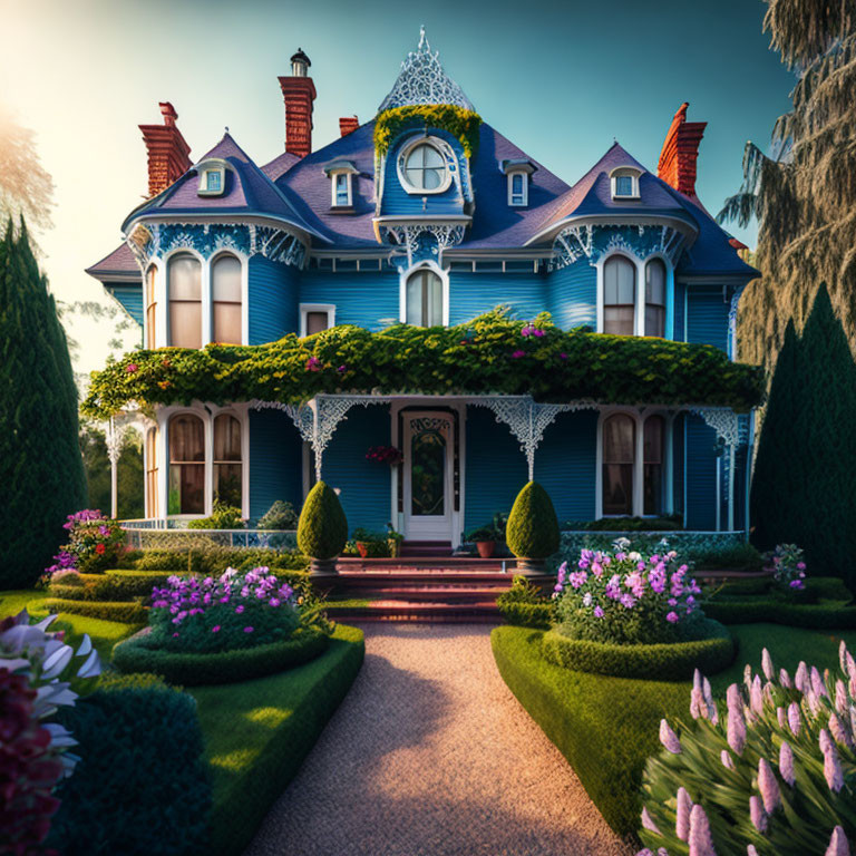 Blue Victorian House with Ornate Trim, Manicured Gardens, and Sunset Glow