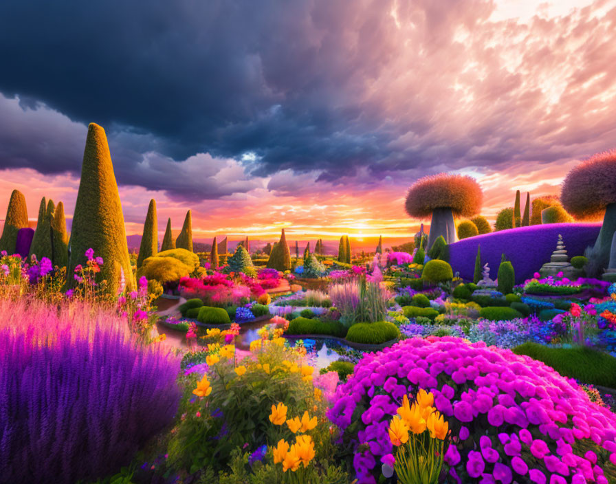 Colorful Flowers and Manicured Shrubs in Vibrant Garden at Sunset