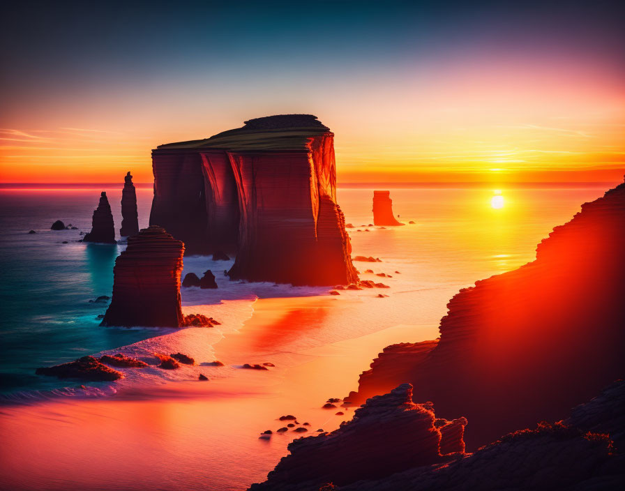 Ocean Sunset with Rock Stacks and Cliff Silhouettes