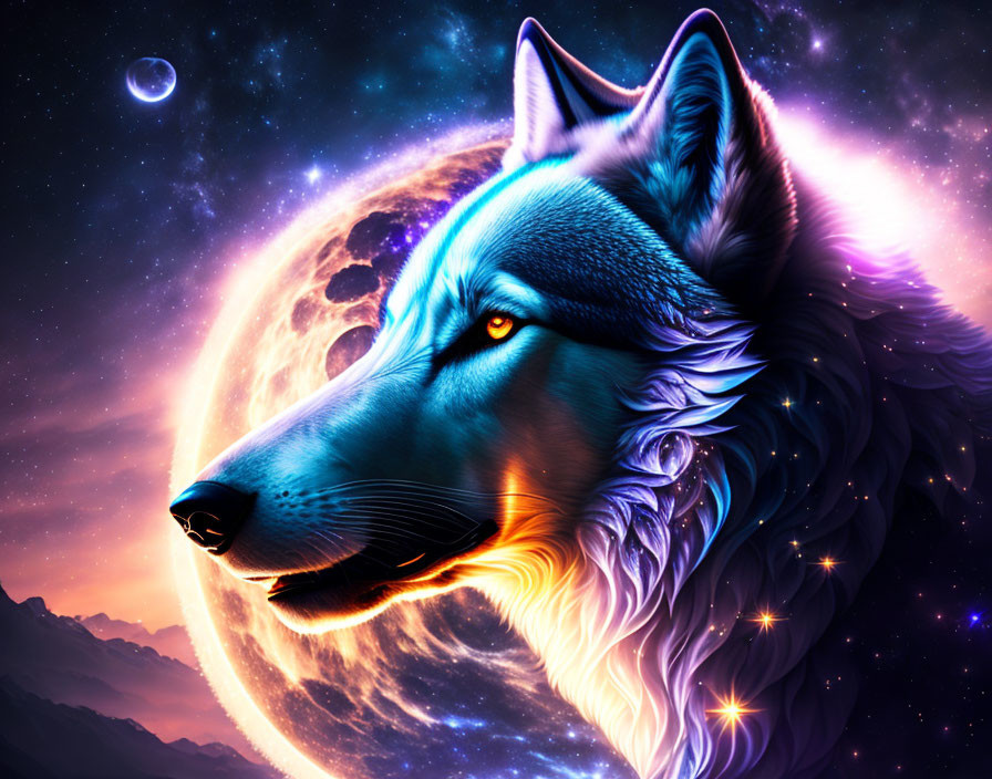 Colorful digital wolf head art with cosmic moon, stars, and planet