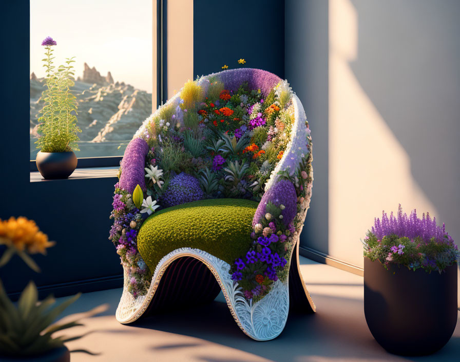 Floral Design Cozy Chair Near Window with Mountain View