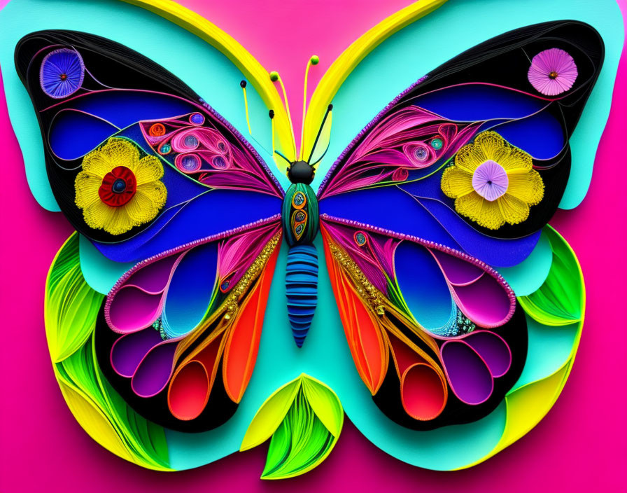 Colorful Stylized Butterfly Art on Pink and Teal Background