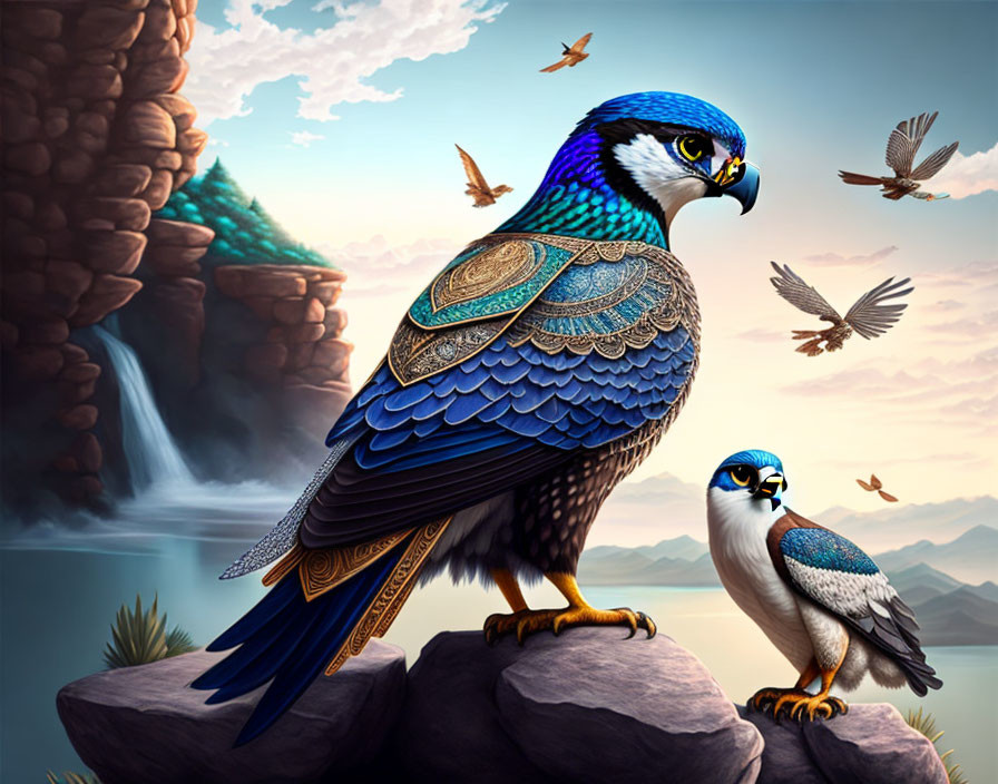 Majestic falcons perched on rocky outcrops with waterfall backdrop