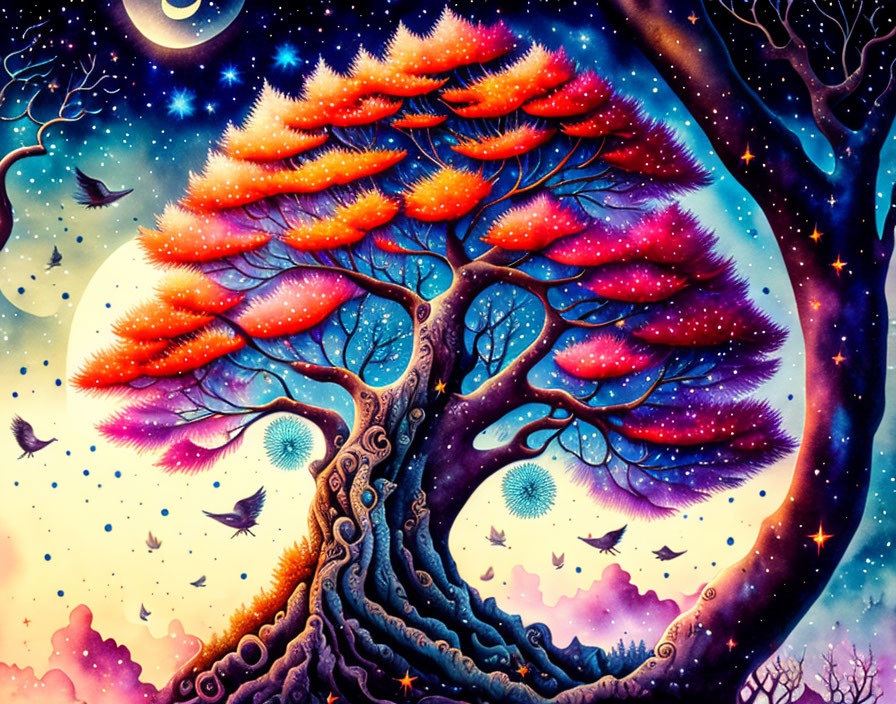 Colorful artwork of tree with orange leaves under starry night sky