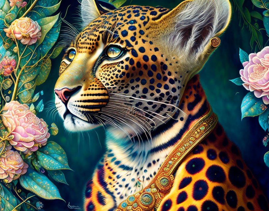 Detailed Jaguar Artwork with Intricate Patterns and Roses