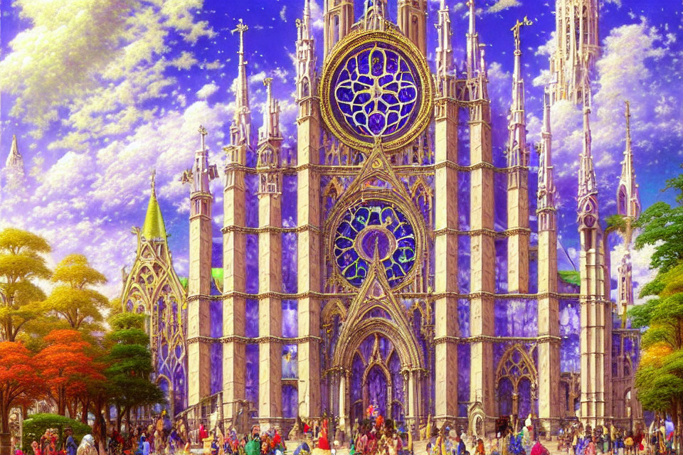 Colorful fantasy cathedral with stained glass windows and towering spires