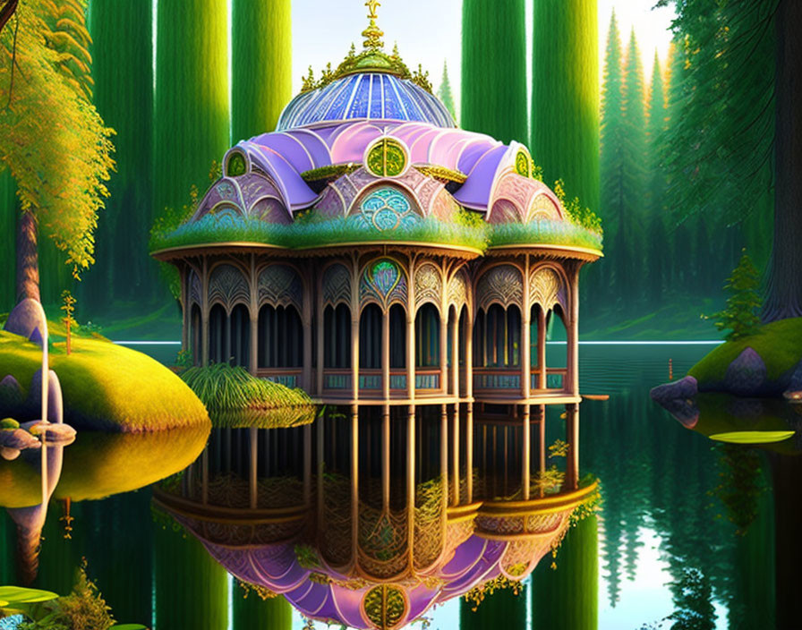 Ornate Purple Domed Palace Reflected in Serene Forest Waters