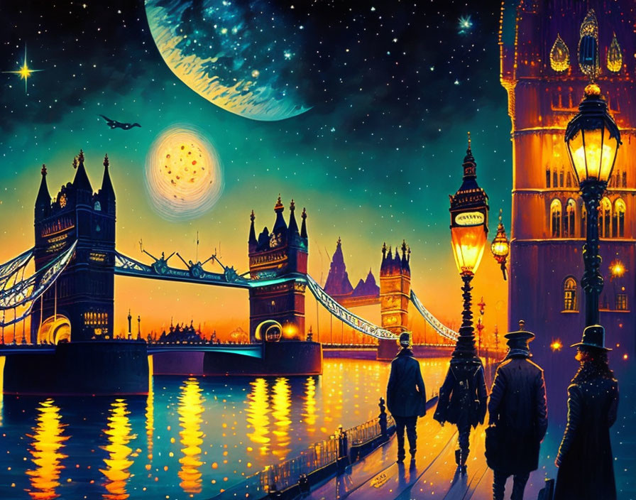 London night skyline with Tower Bridge, Houses of Parliament, and dual moons.