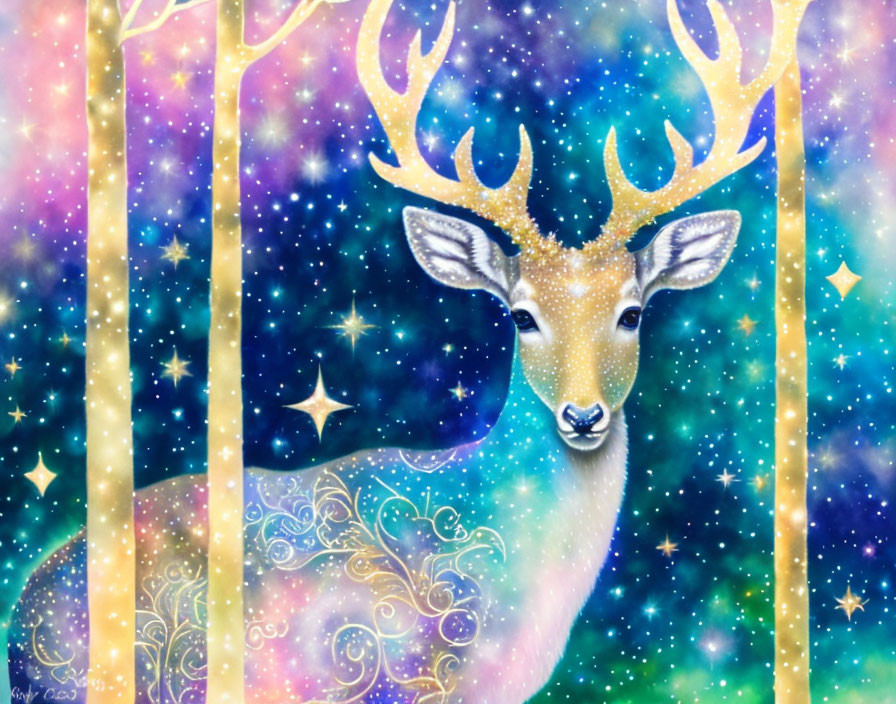 Mystical deer art in pastel galaxy with light beams