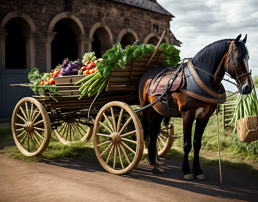 Horse pulling cart loaded with vegetables by stone building under cloudy sky