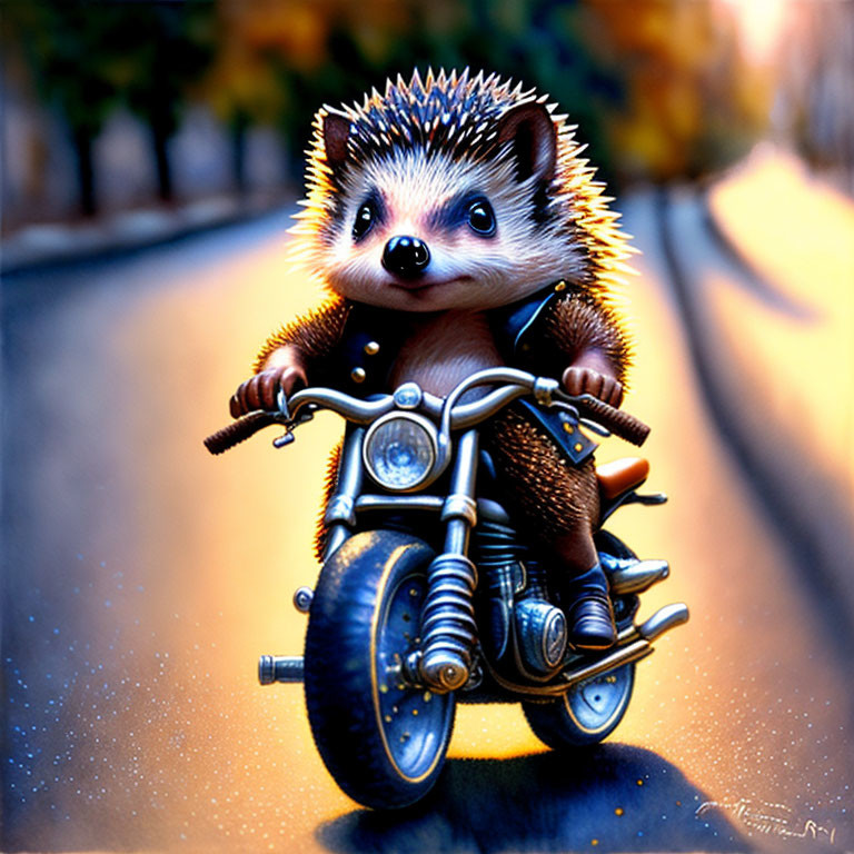 Animated hedgehog rides motorcycle on tree-lined road at sunset