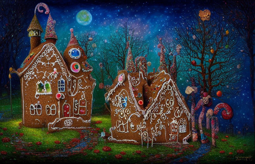 Whimsical fantasy illustration of starlit gingerbread houses and cookie trees under a green moon