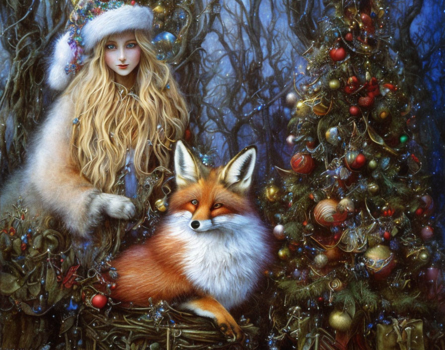 Blonde woman with winter hat by Christmas tree with red fox in snowy scene