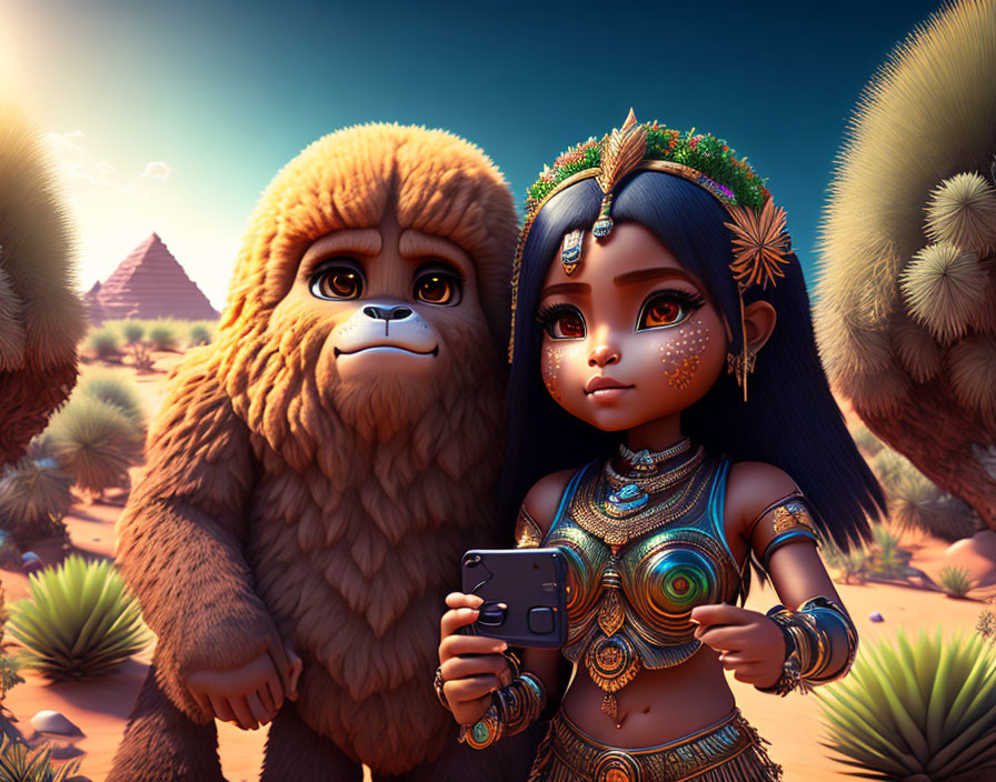 Intricately dressed animated girl with fluffy orangutan-like creature in desert with pyramids.