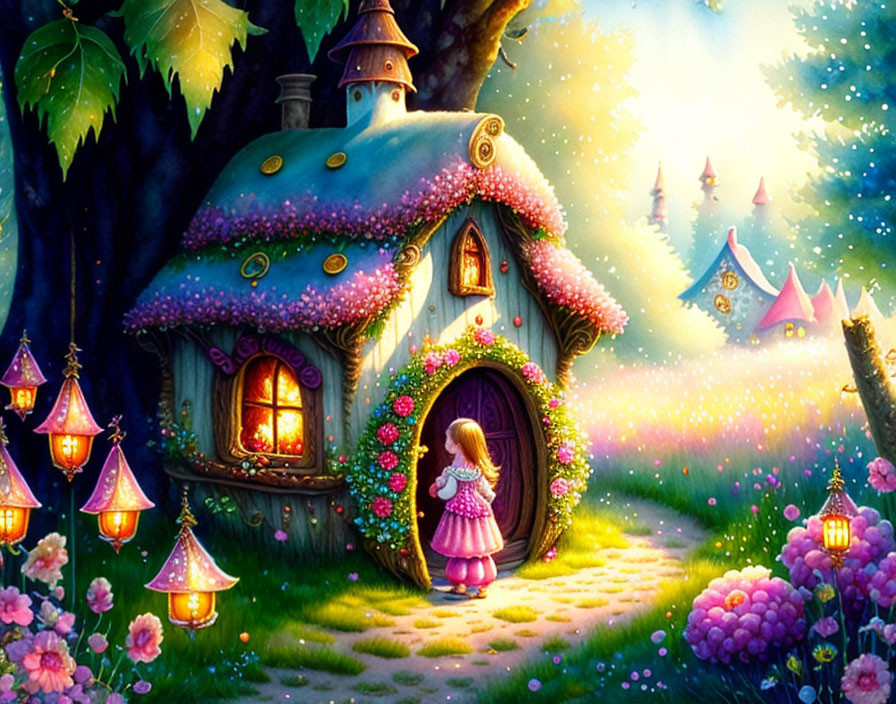 Whimsical painting of young girl at fairy tale cottage