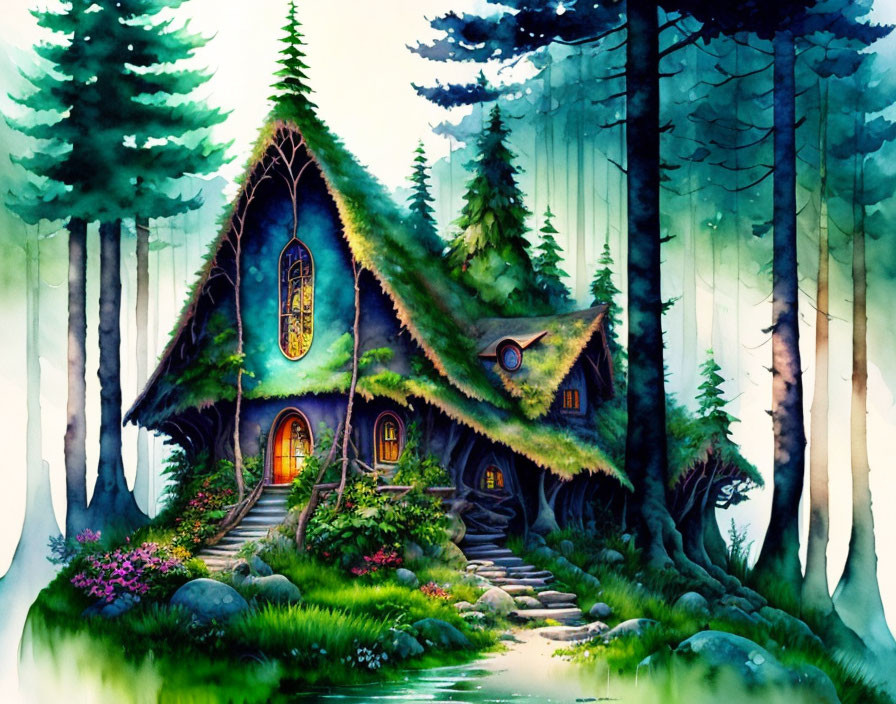 Whimsical forest watercolor painting with fairytale cottages