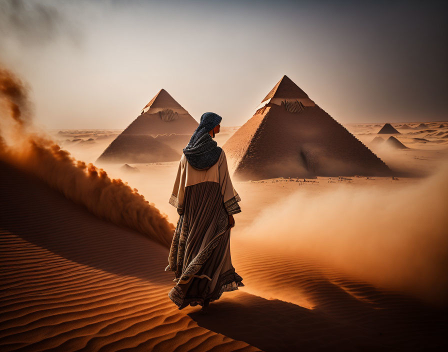 Traditional robed person gazes at Great Pyramids in desert scene