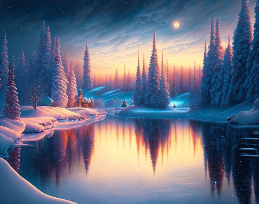 Snow-covered trees, lake reflection, cozy cottage: Tranquil winter night scene