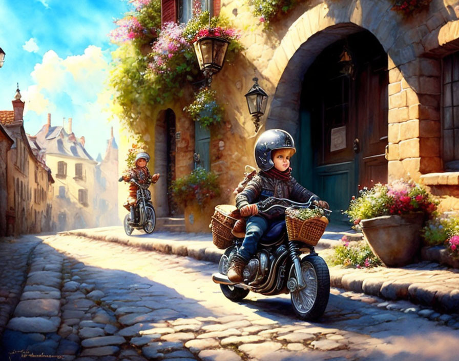 Children playing on bike-like toys in a sunny cobblestone street with charming houses and blooming flowers