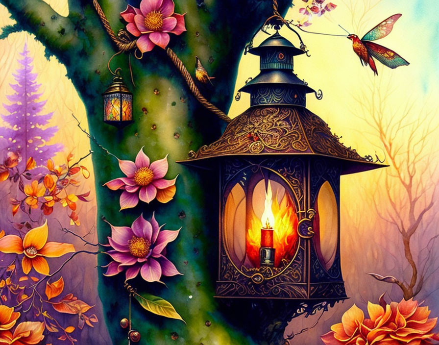 Colorful forest scene with lantern, flowers, and hummingbird