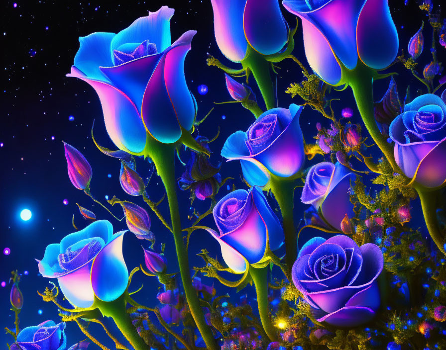 Neon blue roses on starry night background with crescent moon