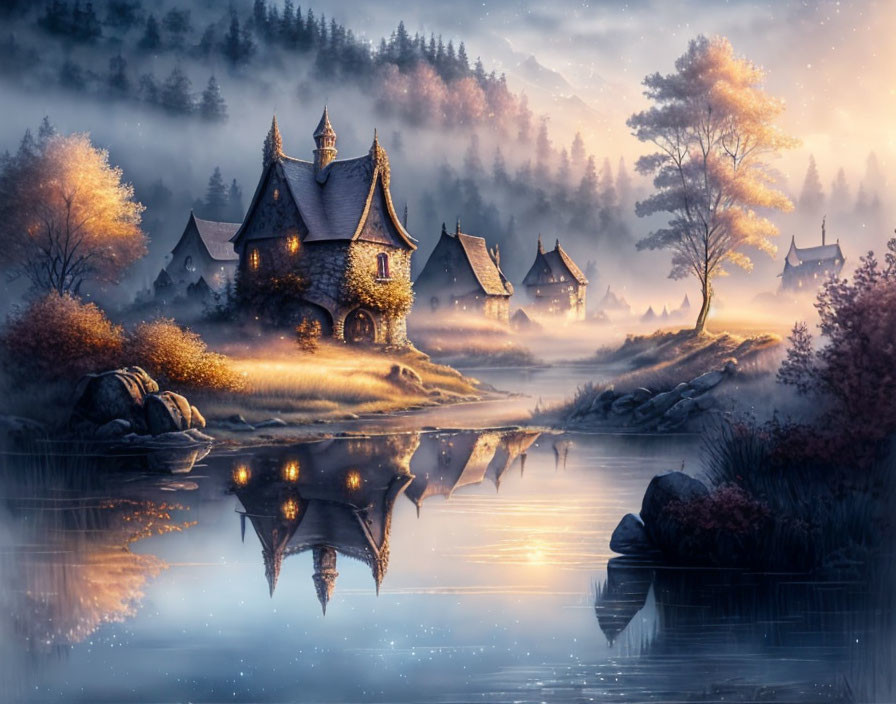 Tranquil fantasy village at twilight with cottages, calm lake, misty forests, autumn trees