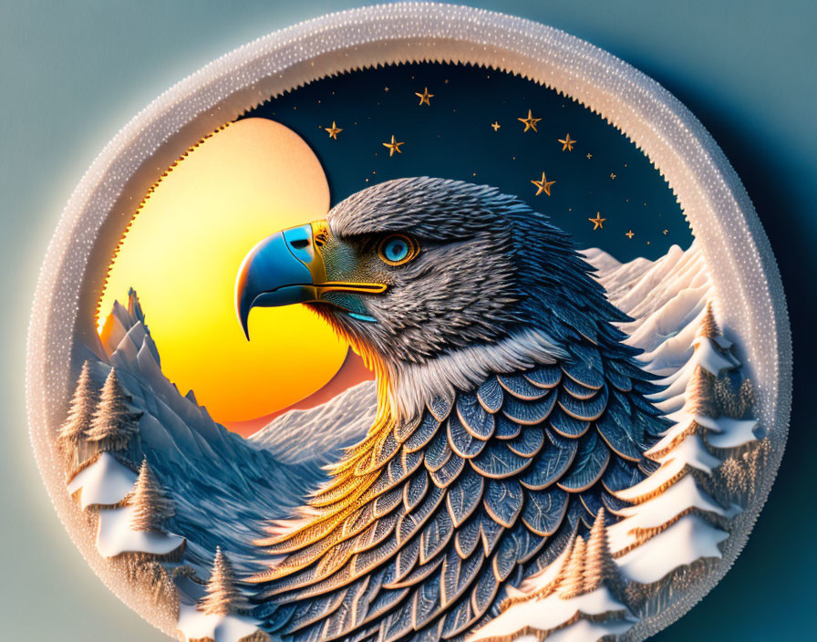 Stylized eagle with mountains and sunset in circular frame