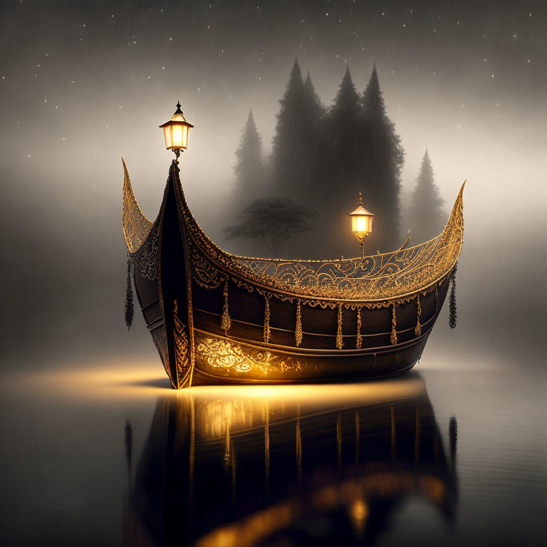 Ornate glowing lantern boat on tranquil reflective surface