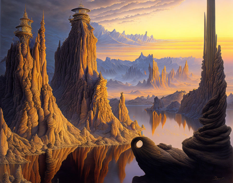 Fantastical landscape with rock spires, ornate towers, reflective lake, mountains, sunset sky