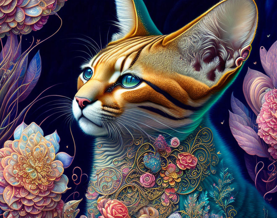 Stylized cat with vibrant floral patterns on dark background