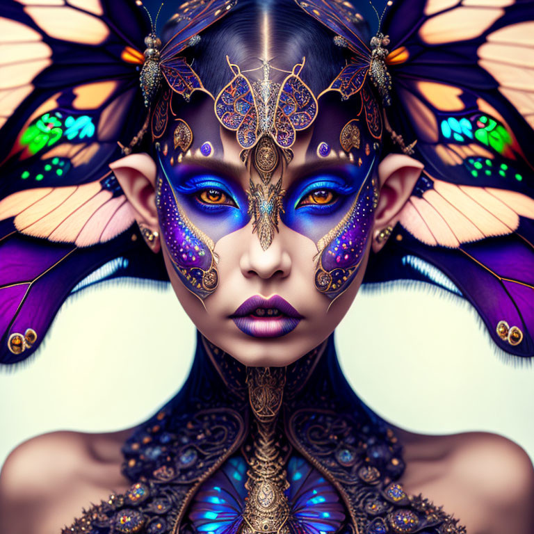 Fantasy illustration of person with butterfly wings and vibrant purple skin