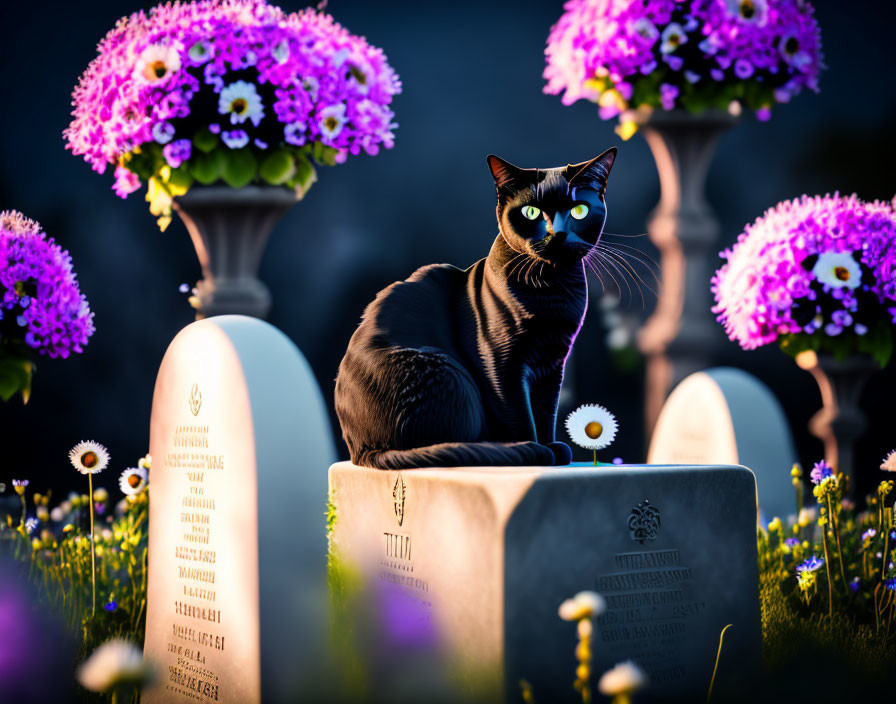 Black cat with yellow eyes on tombstone with purple flowers & ethereal light