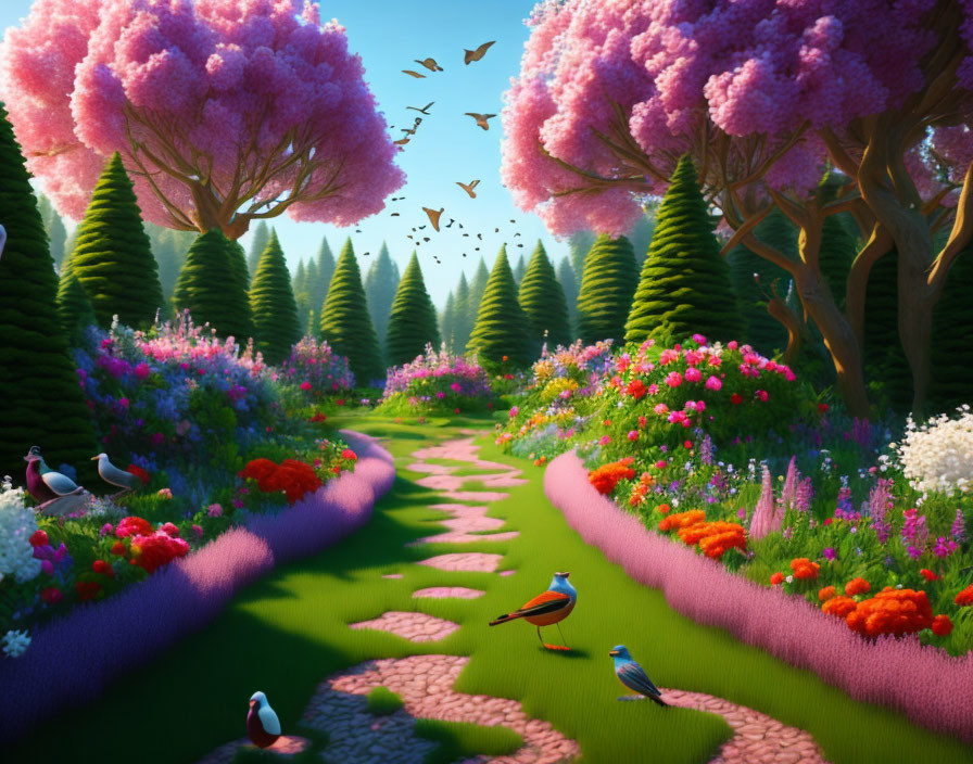 Colorful garden path with blooming trees, flowers, birds, and hedges under bright sky