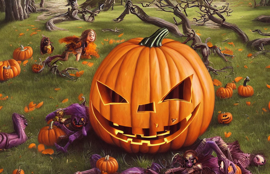 Colorful Halloween illustration with jack-o'-lantern and whimsical creatures