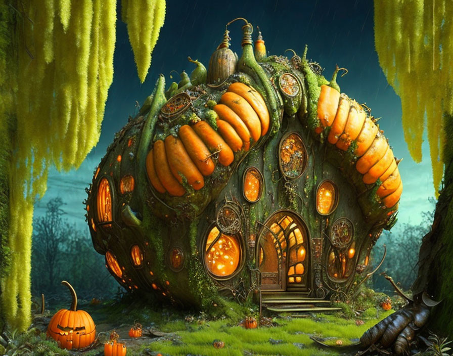 Whimsical pumpkin house in enchanted forest under rainy sky