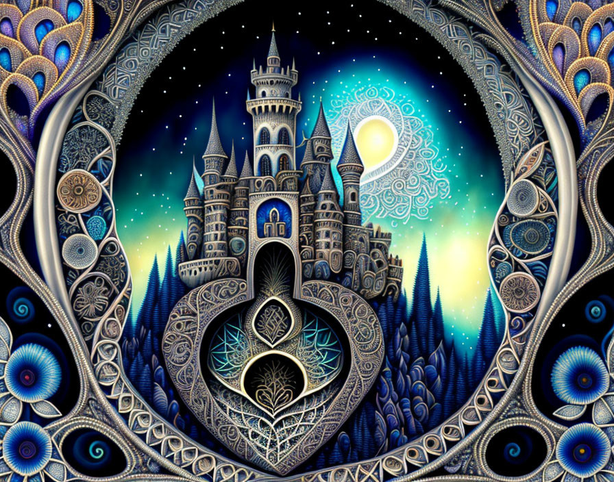 Intricate fantasy castle under starry sky with cosmic and floral border