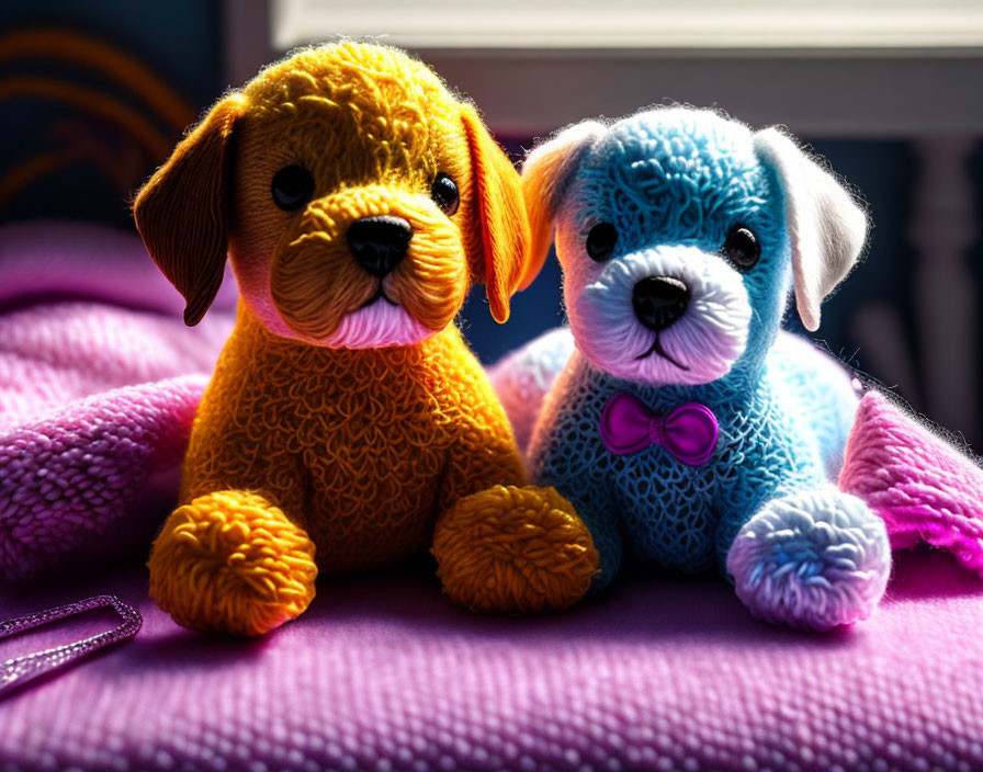 Colorful Plush Toy Dogs on Purple Background