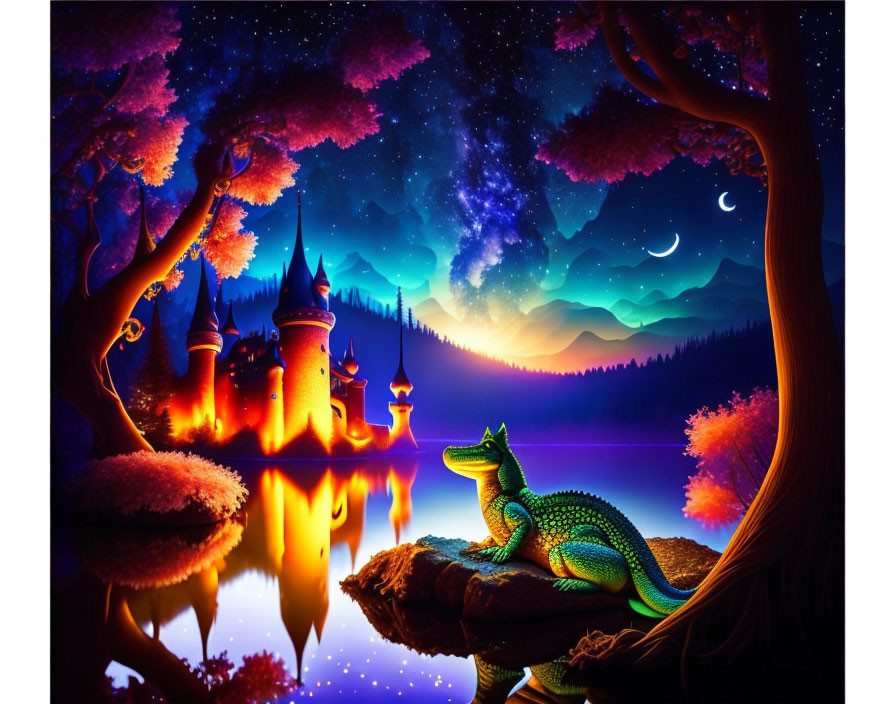 Fantasy landscape with illuminated castle, green dragon, reflective lake.