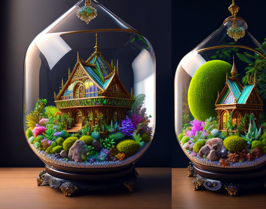 Miniature ornate house in vibrant terrarium with rocks and green sphere