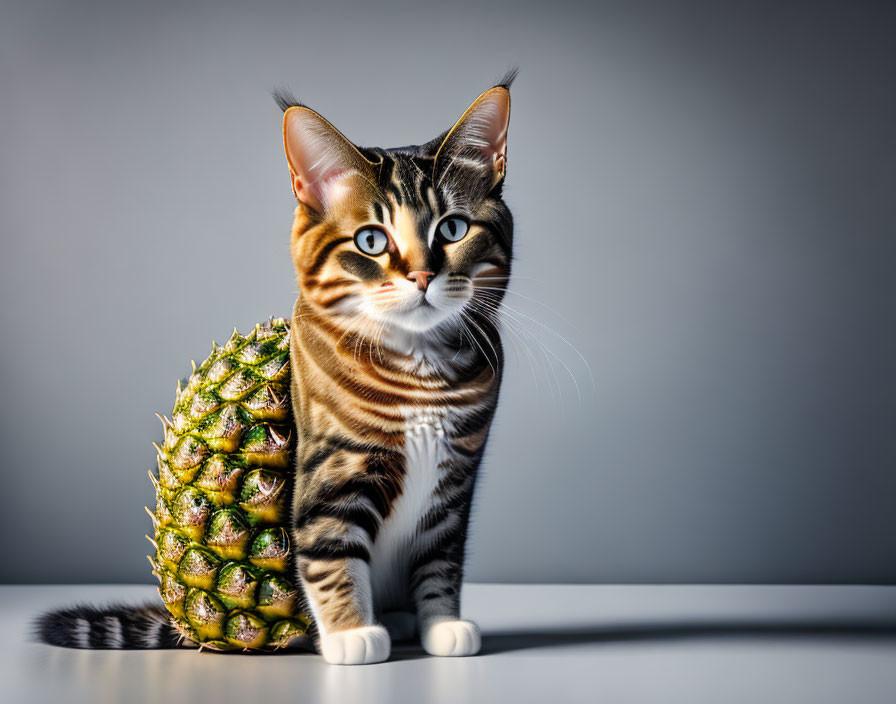 Striped cat beside pineapple on gray background