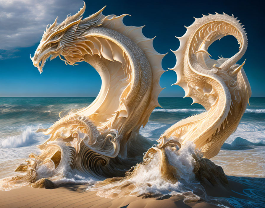 Intricately designed fantasy dragon emerging from ocean waves