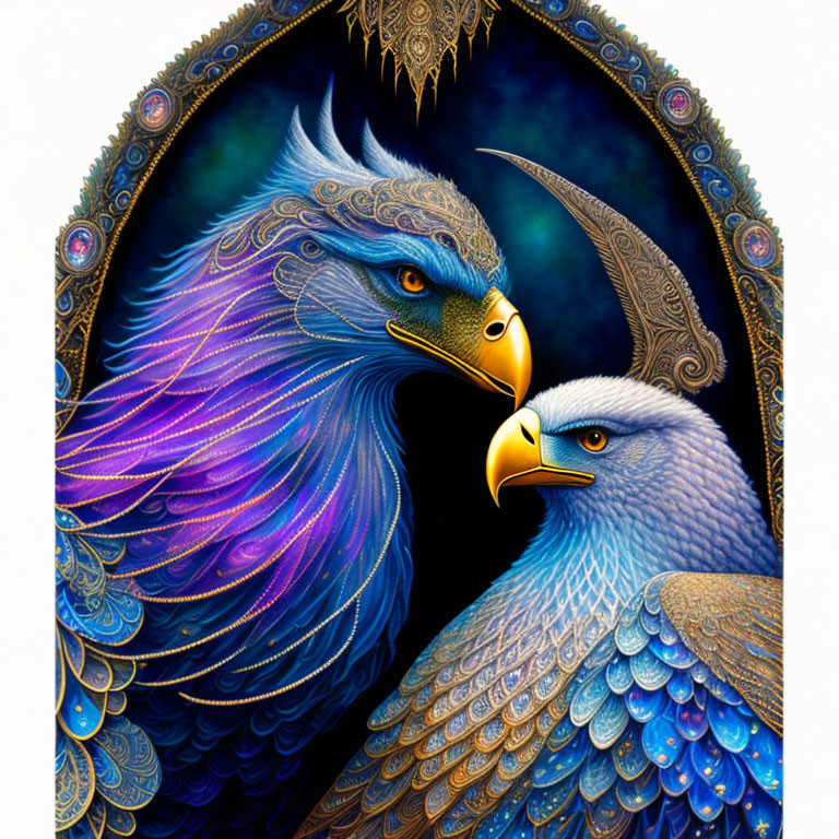 Stylized eagles with blue and purple feathers on dark blue background