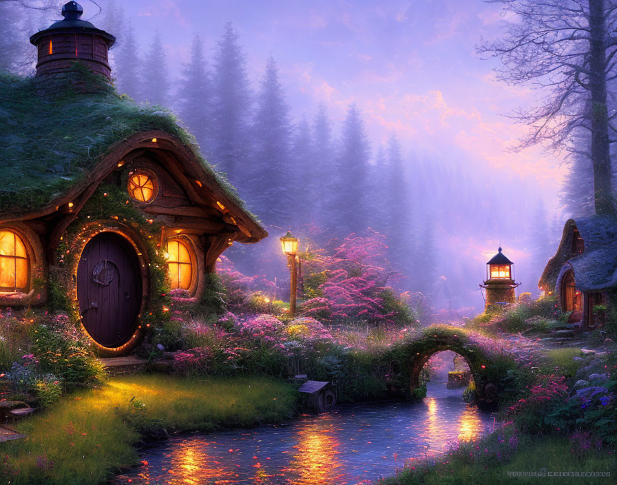 Twilight-lit scene of whimsical cottages in mystical forest