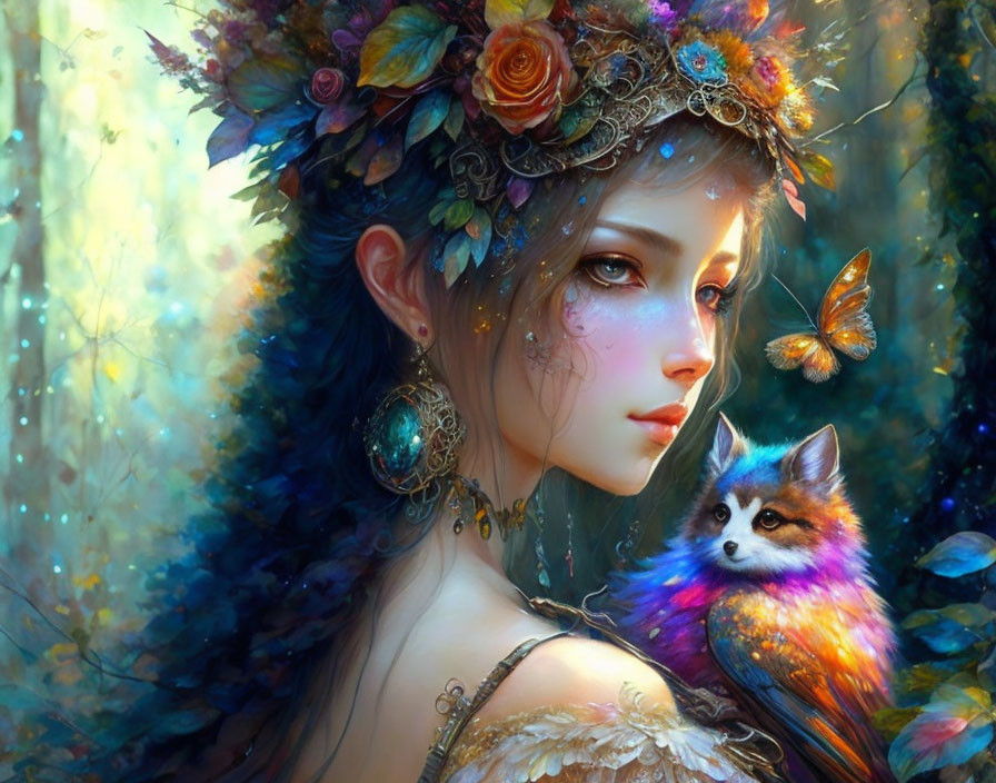 Ethereal artwork featuring woman with floral crown and whimsical fox in magical forest