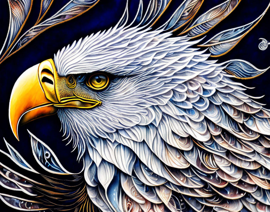 Detailed Eagle Head Illustration in White, Grey, and Black Feathers